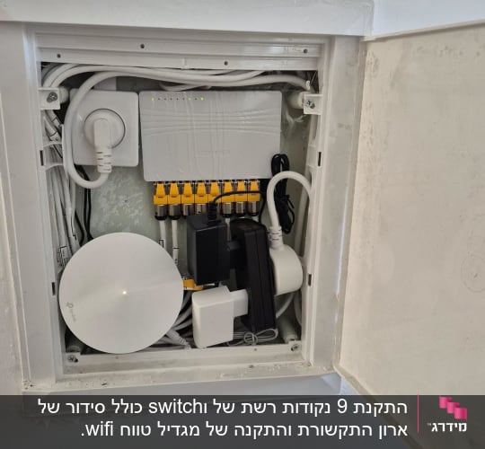 ארון תקשורת עם נתב, כבלים ומפצל רשת
